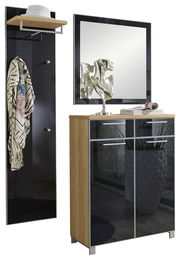 Garderoben-Set bestehend aus einem Spiegel, einem Schrank mit zwei Türen und einer Wandgarderobe mit Haken und Ablage, aus Holz und schwarzem Material, frontal betrachtet.
