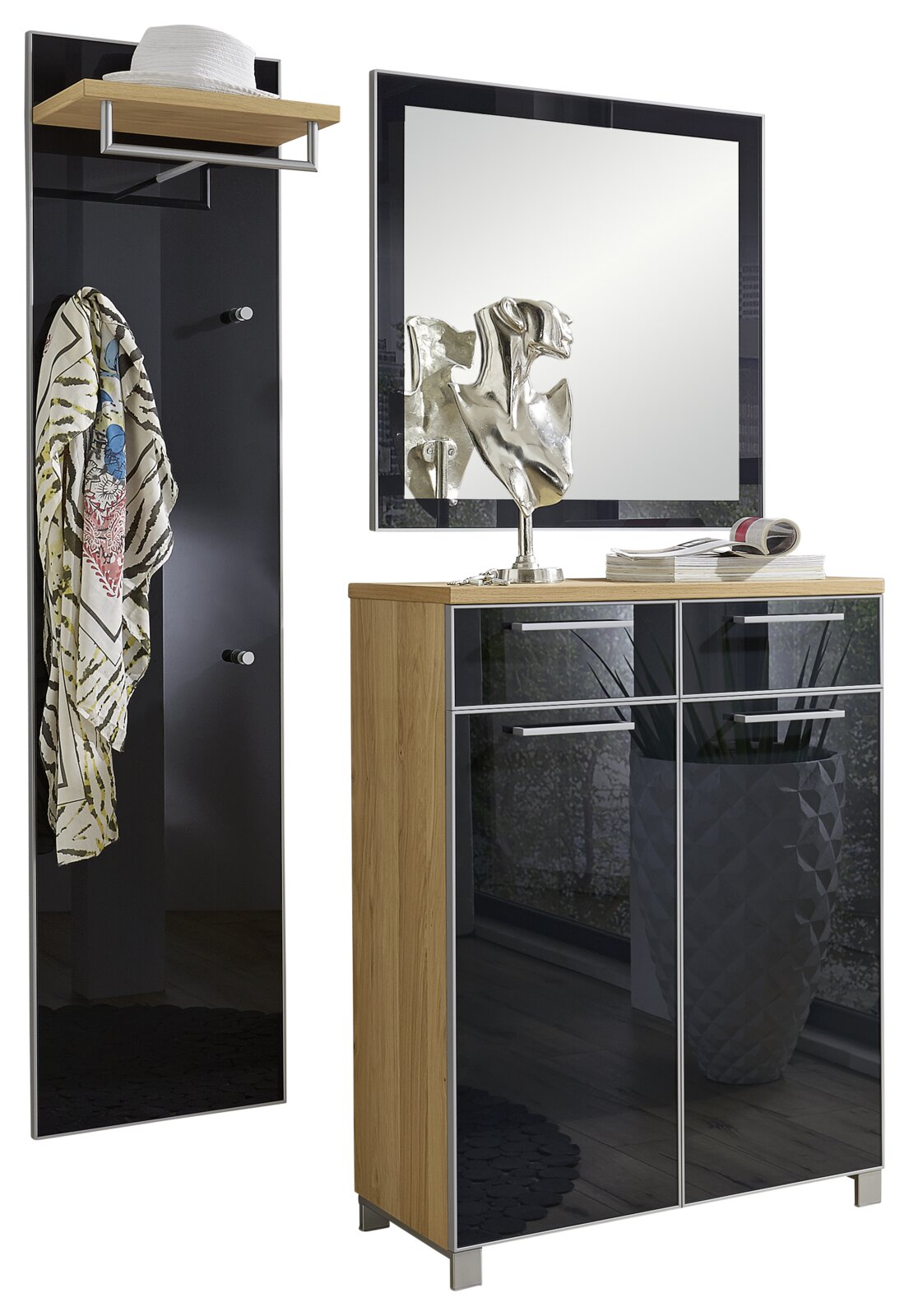 Garderoben-Set bestehend aus einem Spiegel, einem Schrank mit zwei Türen und einer Wandgarderobe mit Haken und Ablage, aus Holz und schwarzem Material, frontal betrachtet.
