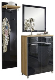 Garderoben-Set bestehend aus einem Spiegel, einem Schrank mit zwei Türen und einer Wandgarderobe mit Haken und Ablage, aus Holz und schwarzem Material, frontal betrachtet.