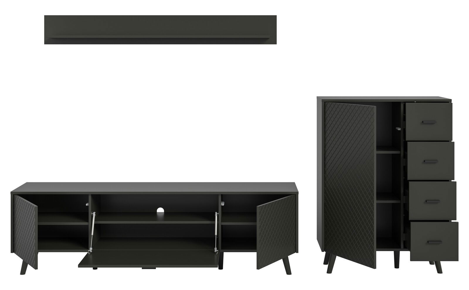 Wohnkombination in dunklem Design mit einem niedrigen TV-Schrank und einem hohen Schrank mit Schubladen, frontal betrachtet.
