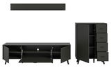 Wohnkombination in dunklem Design mit einem niedrigen TV-Schrank und einem hohen Schrank mit Schubladen, frontal betrachtet.