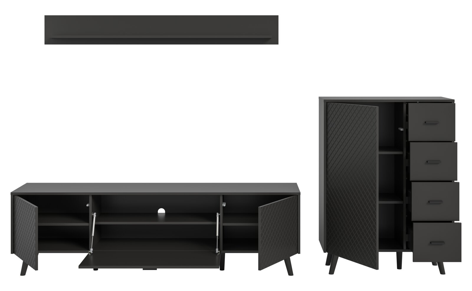 Wohnkombination in dunklem Design mit einem niedrigen TV-Schrank und einem hohen Schrank mit Schubladen, frontal betrachtet.