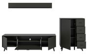 Wohnkombination in dunklem Design mit einem niedrigen TV-Schrank und einem hohen Schrank mit Schubladen, frontal betrachtet.