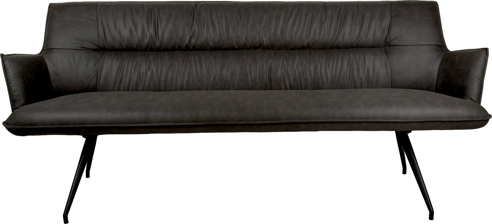 Dunkelgraues Sofa mit gepolsterter Rückenlehne und Armlehnen sowie schwarzen Metallbeinen, Frontansicht