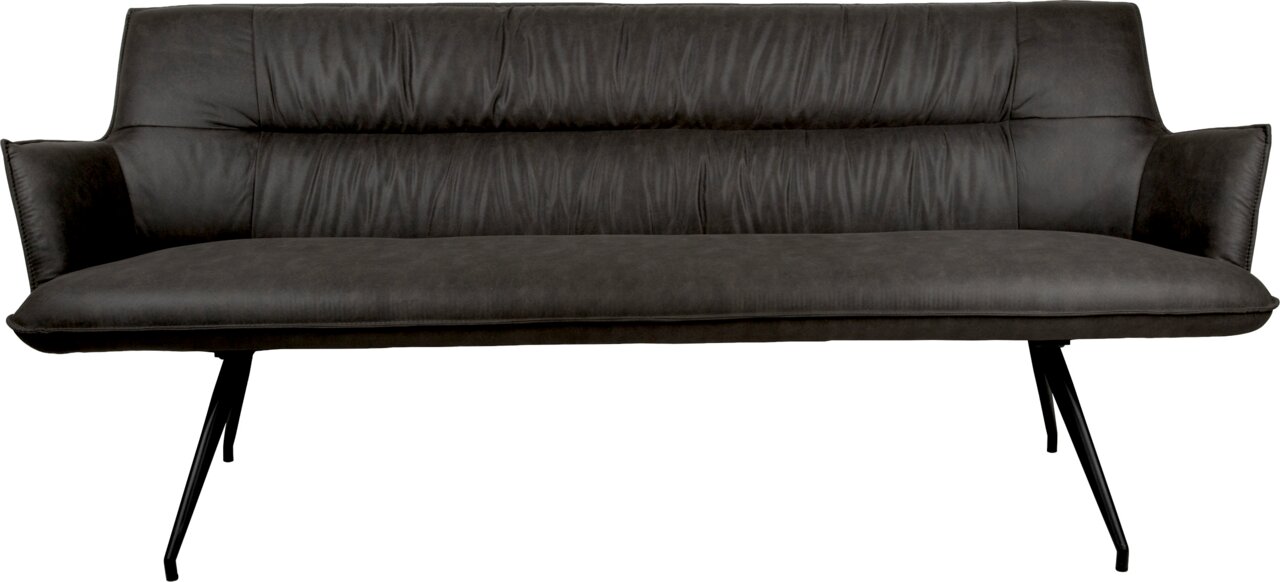 Dunkelgraues Sofa mit gepolsterter Rückenlehne und Armlehnen sowie schwarzen Metallbeinen, Frontansicht