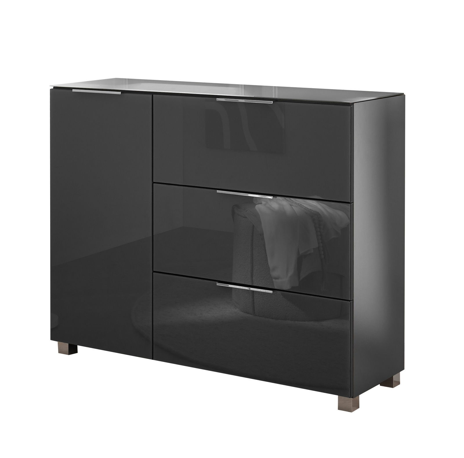 XORA Kommode LIPPO Moderne, dunkelgraue Kommode mit Hochglanzoberfläche, drei Schubladen und einer Tür, frontal fotografiert.