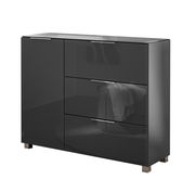 Moderne, dunkelgraue Kommode mit Hochglanzoberfläche, drei Schubladen und einer Tür, frontal fotografiert.