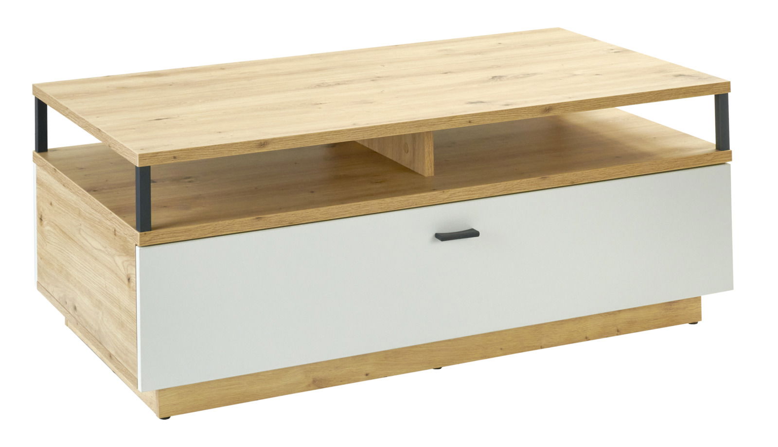 XORA Salontafel BAMEOS Moderner Couchtisch aus Holz mit weißer Schublade und schwarzem Griff, seitliche Perspektive