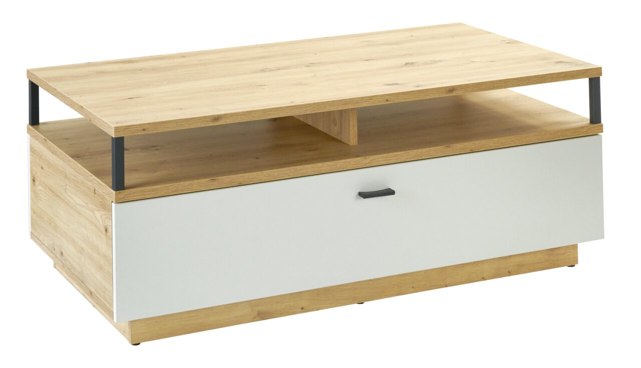 Moderner Couchtisch aus Holz mit weißer Schublade und schwarzem Griff, seitliche Perspektive