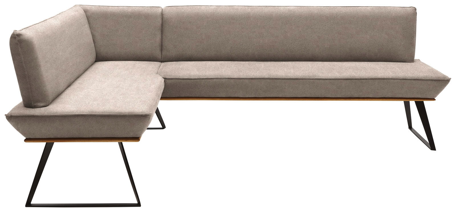 Eckbank in U-Form mit grauem Stoffbezug und schwarzen Metallbeinen, seitliche Perspektive