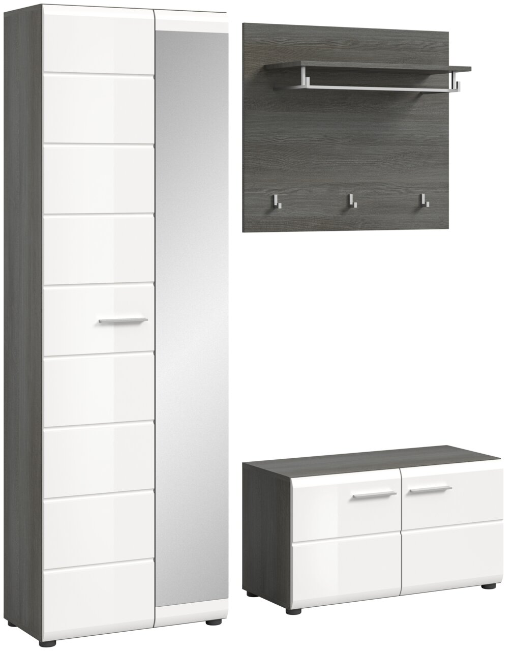 Garderobenkombination bestehend aus einem hohen Schrank mit Spiegel, einer Wandgarderobe mit Haken und Ablage, sowie einer niedrigen Kommode, Perspektive von vorne.
