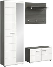 Garderobenkombination bestehend aus einem hohen Schrank mit Spiegel, einer Wandgarderobe mit Haken und Ablage, sowie einer niedrigen Kommode, Perspektive von vorne.