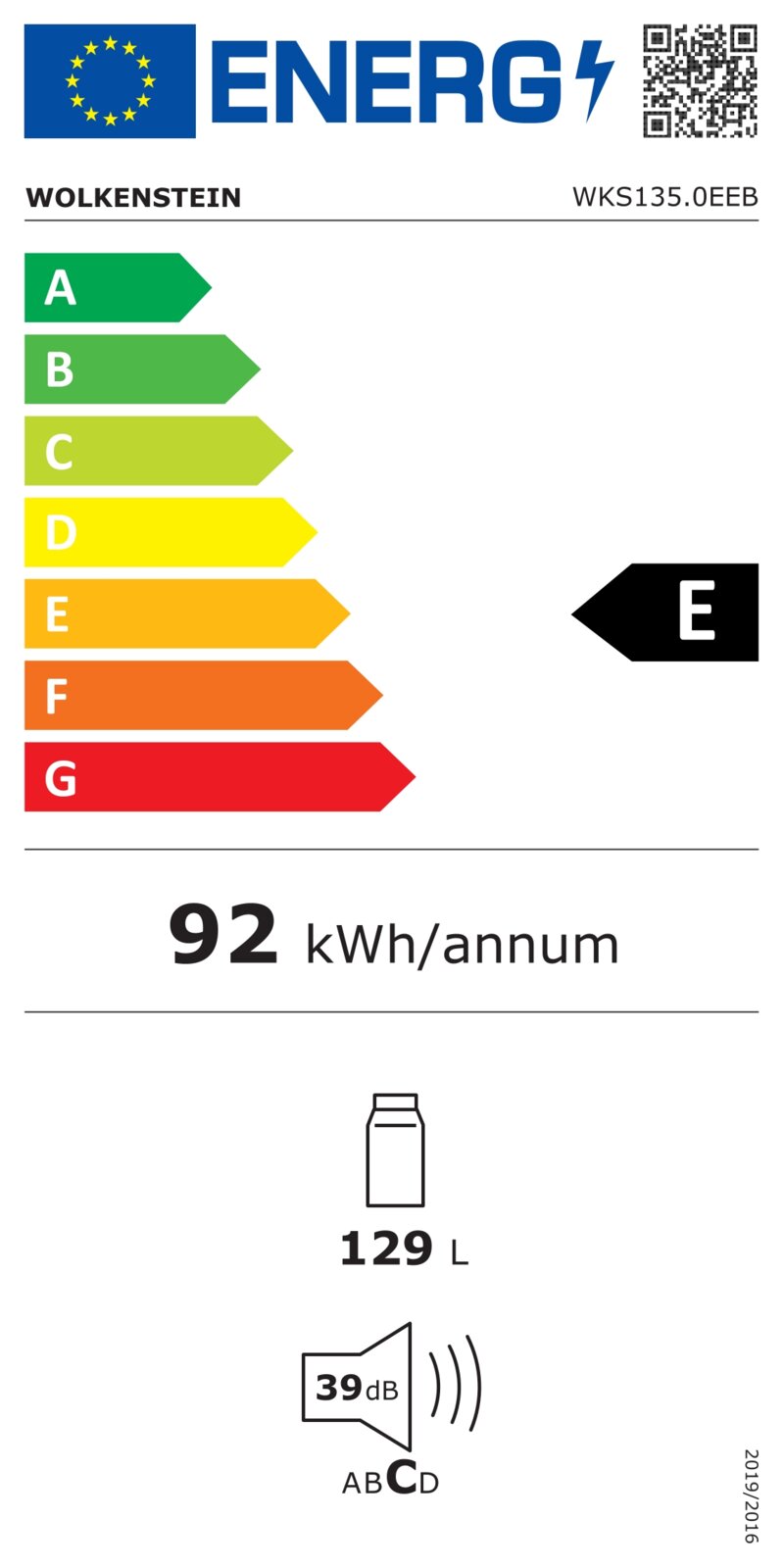 EU-Energielabel für Wolkenstein WKS135.0EEB, Energieeffizienzklasse E, 92 kWh/annum, 129 L, Geräusch 39 dB; frontale Ansicht.