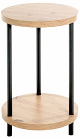 Runder Beistelltisch mit zwei Holzplatten und schwarzen Metallbeinen, seitliche Perspektive