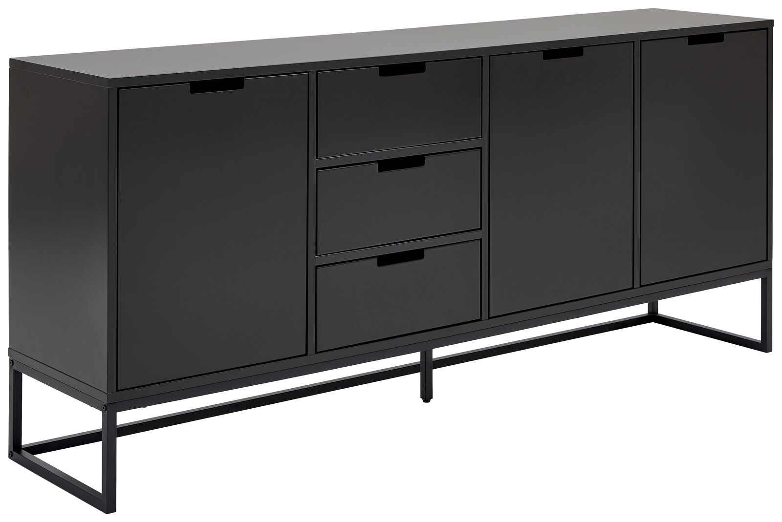 Schwarzes XL-Sideboard mit modernem Design, zwei Türen und drei Schubladen, seitliche Perspektive