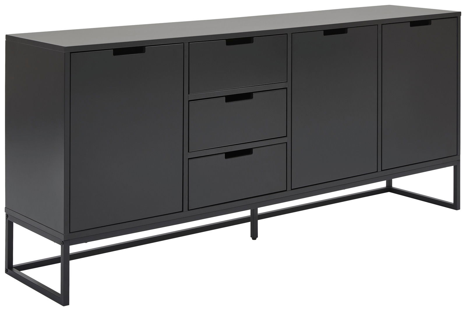 Schwarzes XL-Sideboard mit modernem Design, zwei Türen und drei Schubladen, seitliche Perspektive