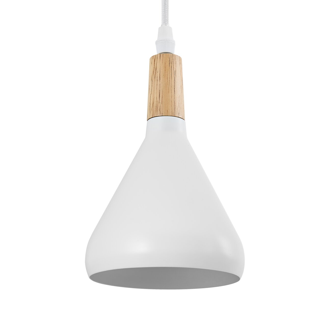 Moderne Hängeleuchte mit weißem, konischem Schirm und Holzdetail, Ansicht von vorne
