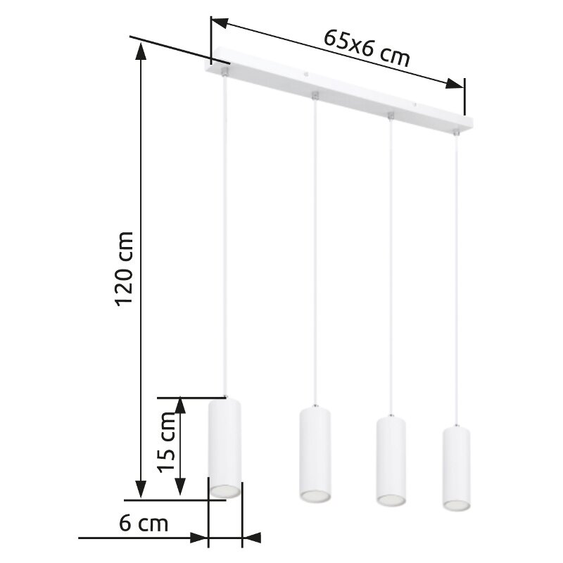 Hängeleuchte mit vier zylindrischen Lampenschirmen, hängend an einer rechteckigen Deckenhalterung, seitliche Perspektive