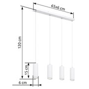 Hängeleuchte mit vier zylindrischen Lampenschirmen, hängend an einer rechteckigen Deckenhalterung, seitliche Perspektive