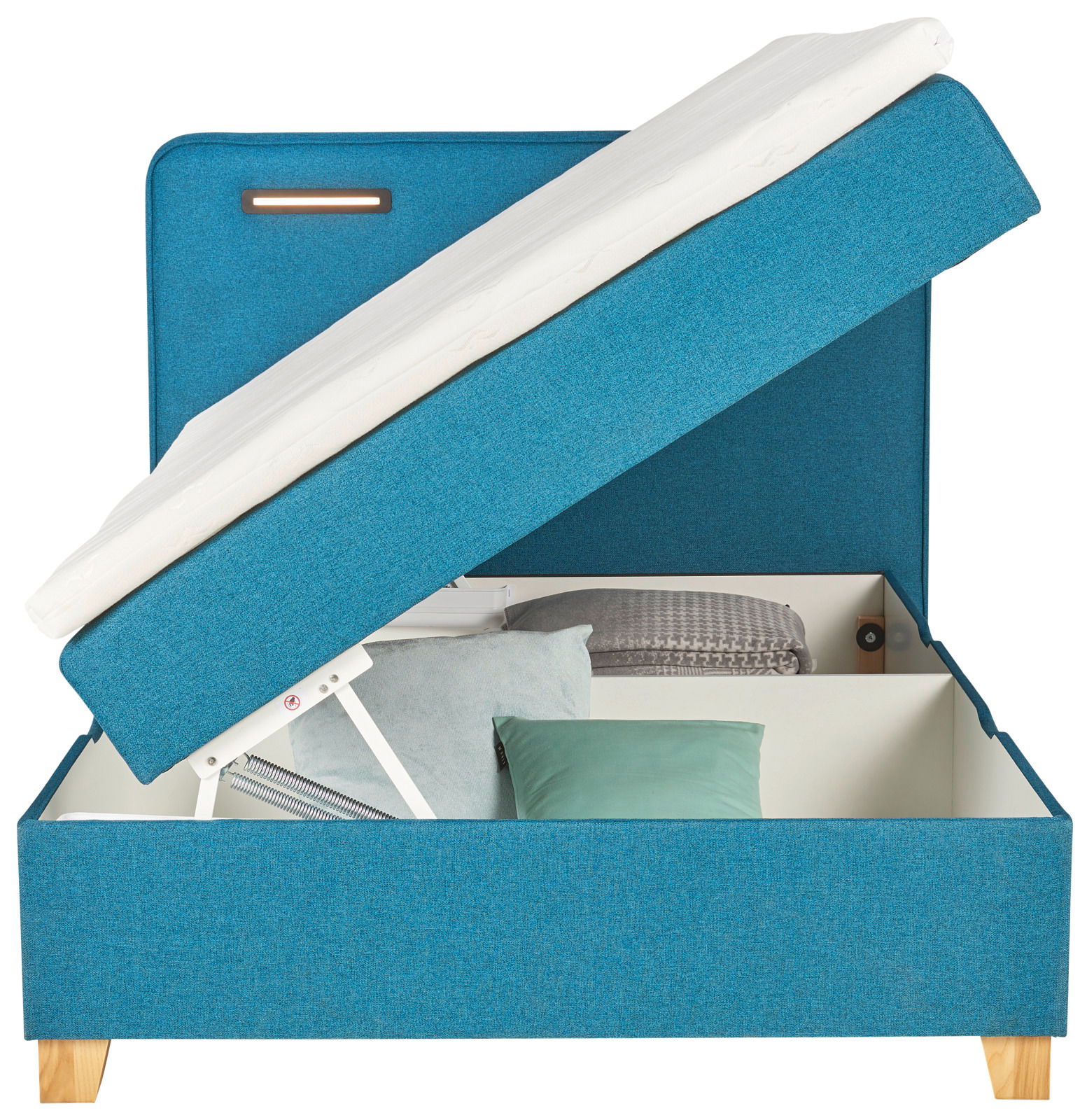 Boxspringbett HELIOS in blauer Farbe mit geöffnetem Bettkasten, seitliche Perspektive