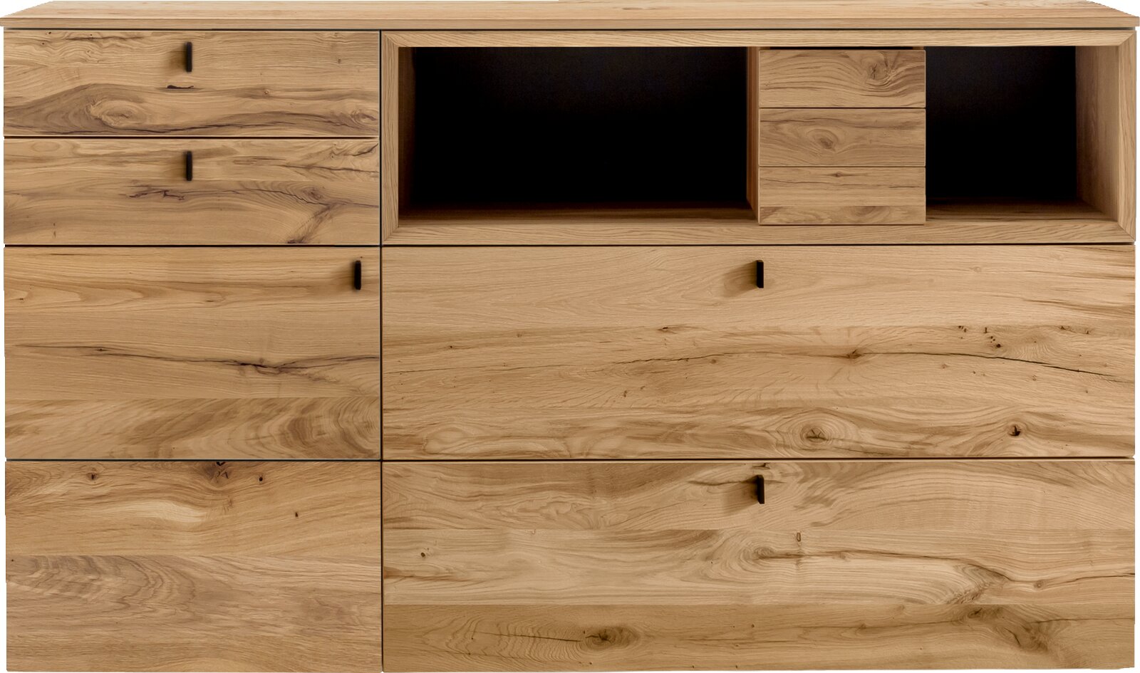 Venjakob Sideboard ANDIAMO 3.0 Moderne Sideboard-Kommode aus hellem Massivholz mit sichtbarer Maserung, Schubladen und offenem Fach, frontal aus der Vorderansicht fotografiert