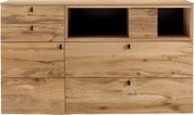 Houten ladekast/commode met natuurlijke houtnerf, meerdere lades en open vak met klein ladeblok, zwartgrepen, frontaal aanzicht
