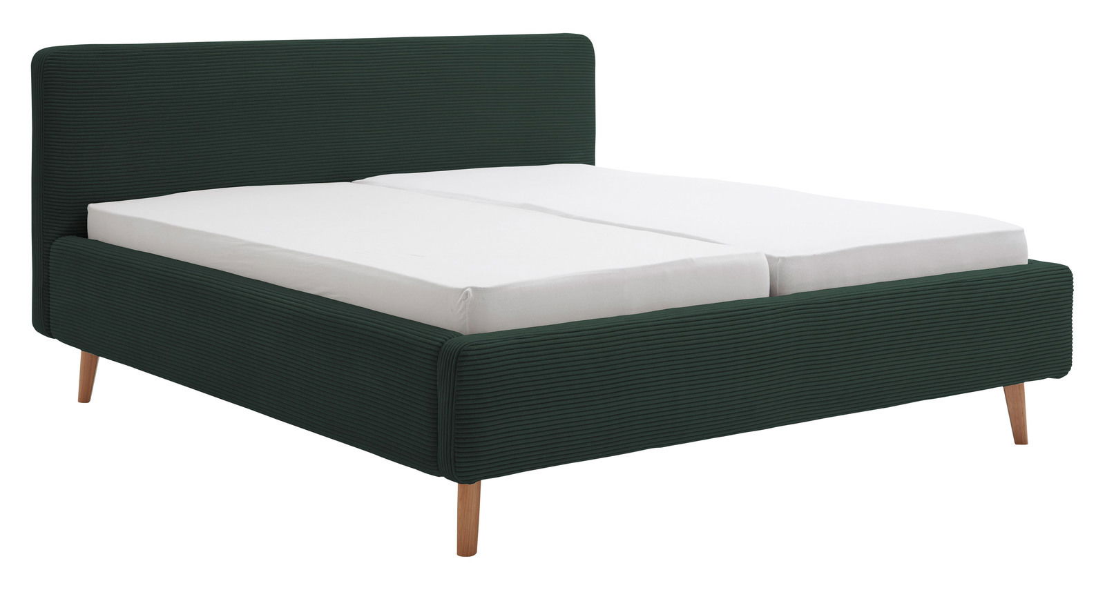 Polsterbettgestell in dunklem Grün mit Holzfüßen, seitliche Perspektive