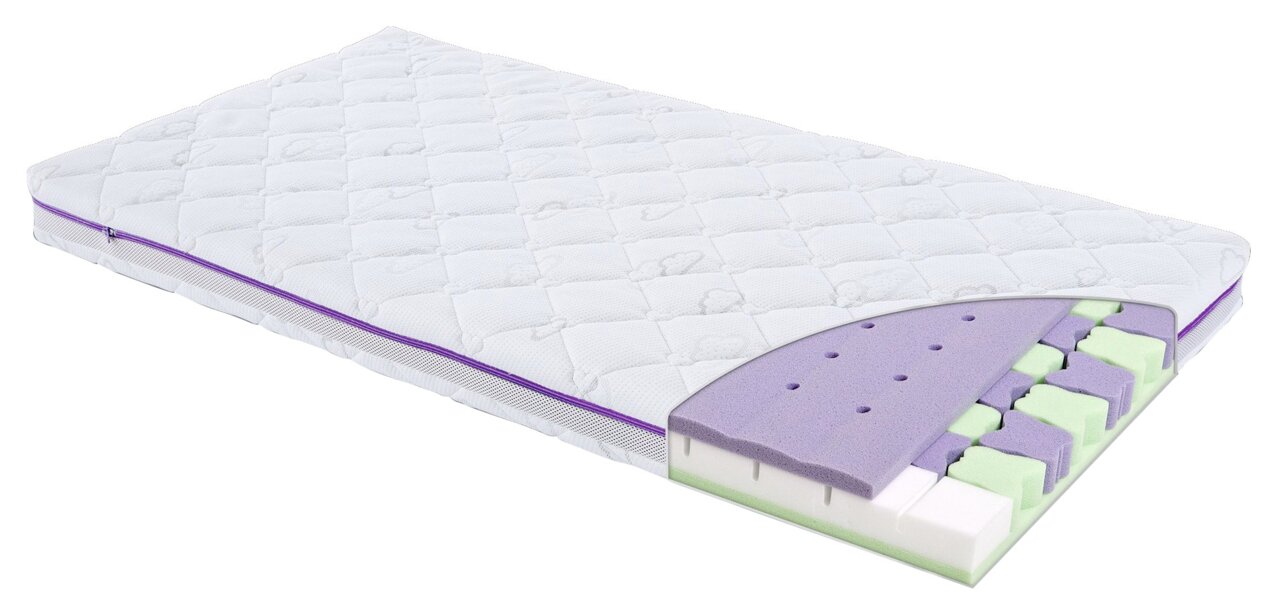 Matratze 70x140 mit sichtbarem Schaumstoffkern in verschiedenen Farben, seitliche Perspektive
