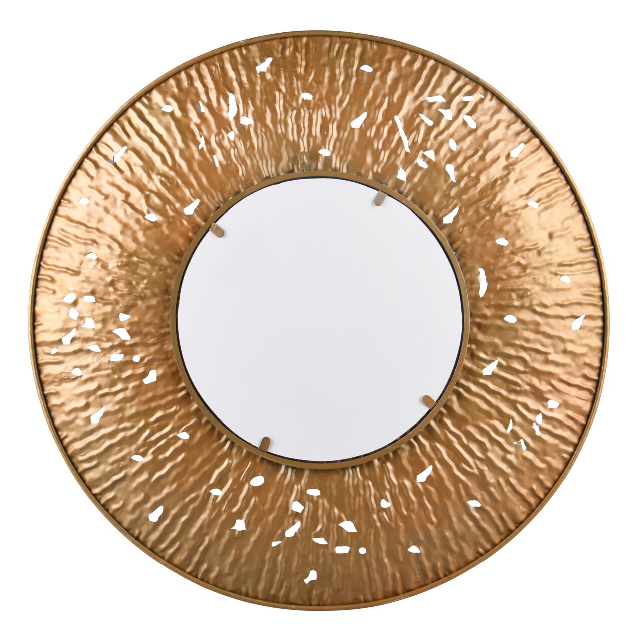 Runder Spiegel mit einem Durchmesser von 80 cm, umgeben von einem dekorativen, goldfarbenen Rahmen mit gehämmerter Textur und unregelmäßigen Aussparungen, aus der Vogelperspektive betrachtet.