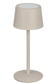 Moderne Akku-Tischleuchte in Beige, seitliche Perspektive