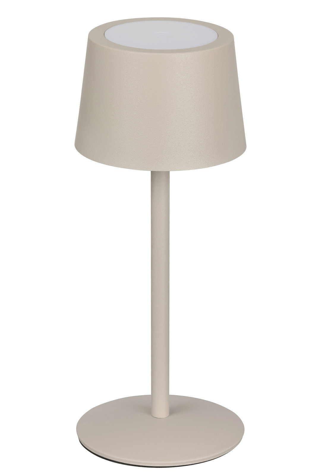 Moderne Akku-Tischleuchte in Beige, seitliche Perspektive