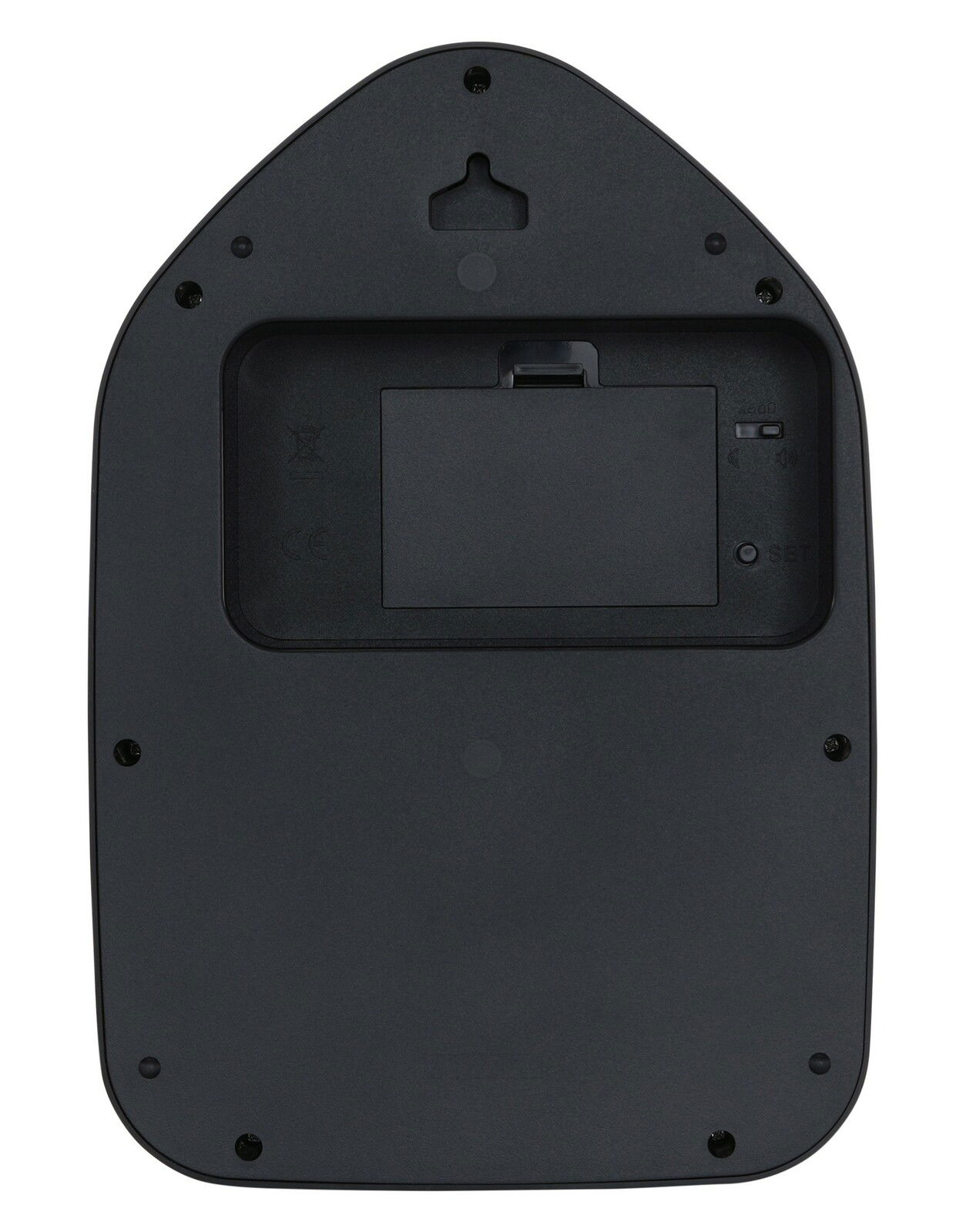 Rückansicht einer schwarzen Wanduhr mit Batteriefach und Aufhängung.