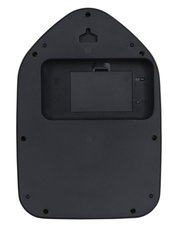 Rückansicht einer schwarzen Wanduhr mit Batteriefach und Aufhängung.