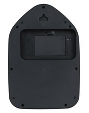 Rückansicht einer schwarzen Wanduhr mit Batteriefach und Aufhängung.