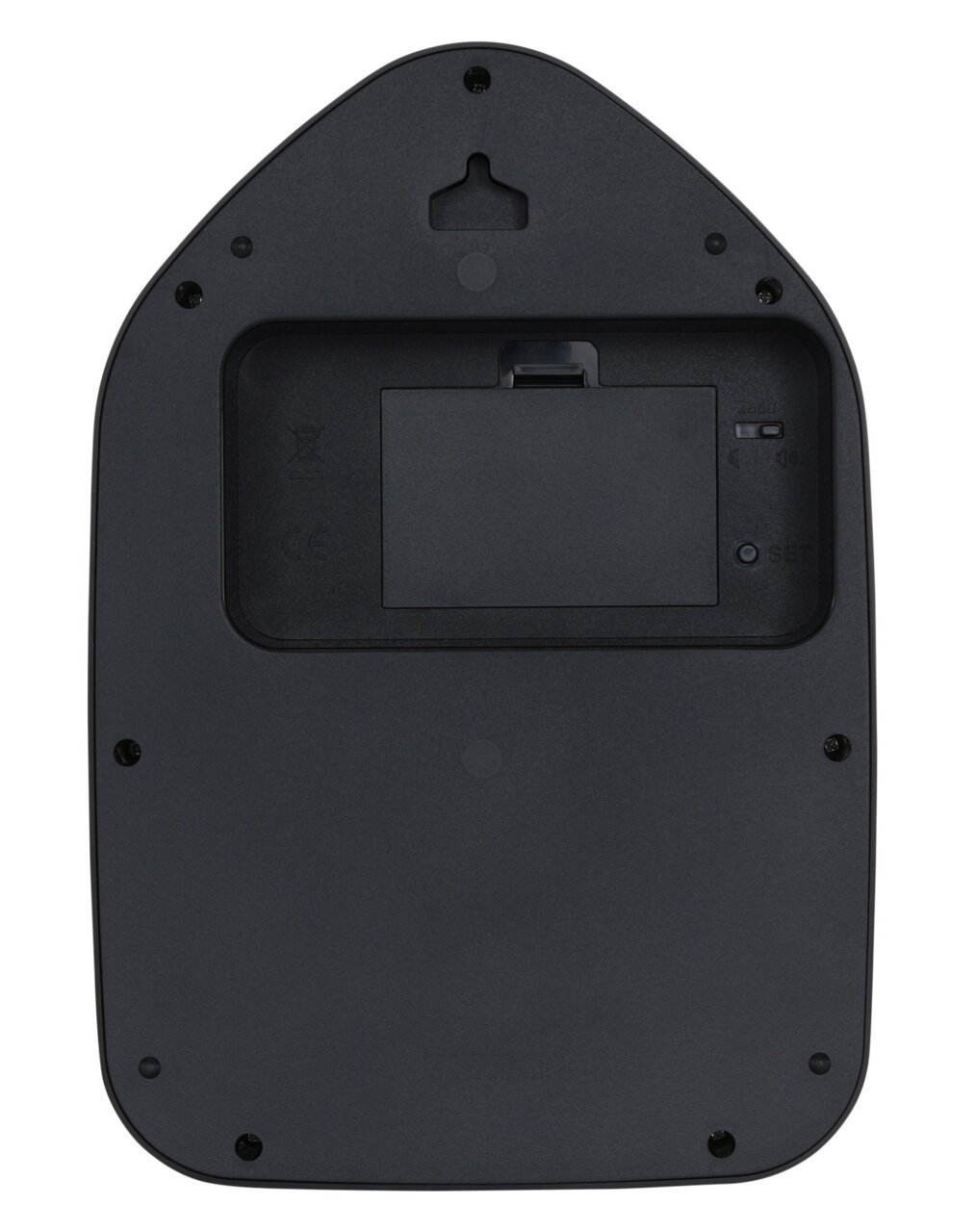 Achterkant van een zwarte wandklok met batterijvak en ophangbeugel.