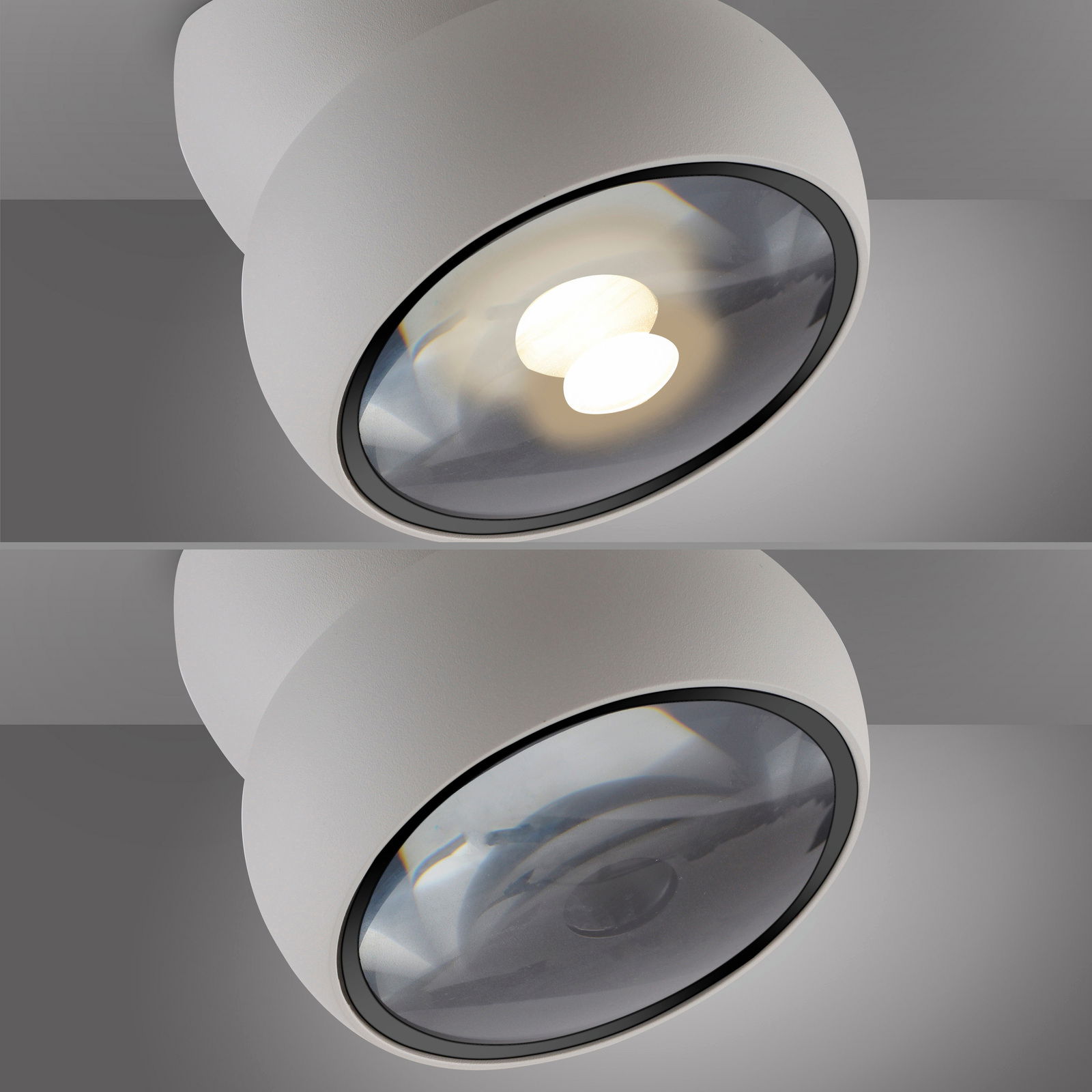 LED-Deckenleuchte in Nahaufnahme, seitliche Perspektive, leuchtend und ausgeschaltet