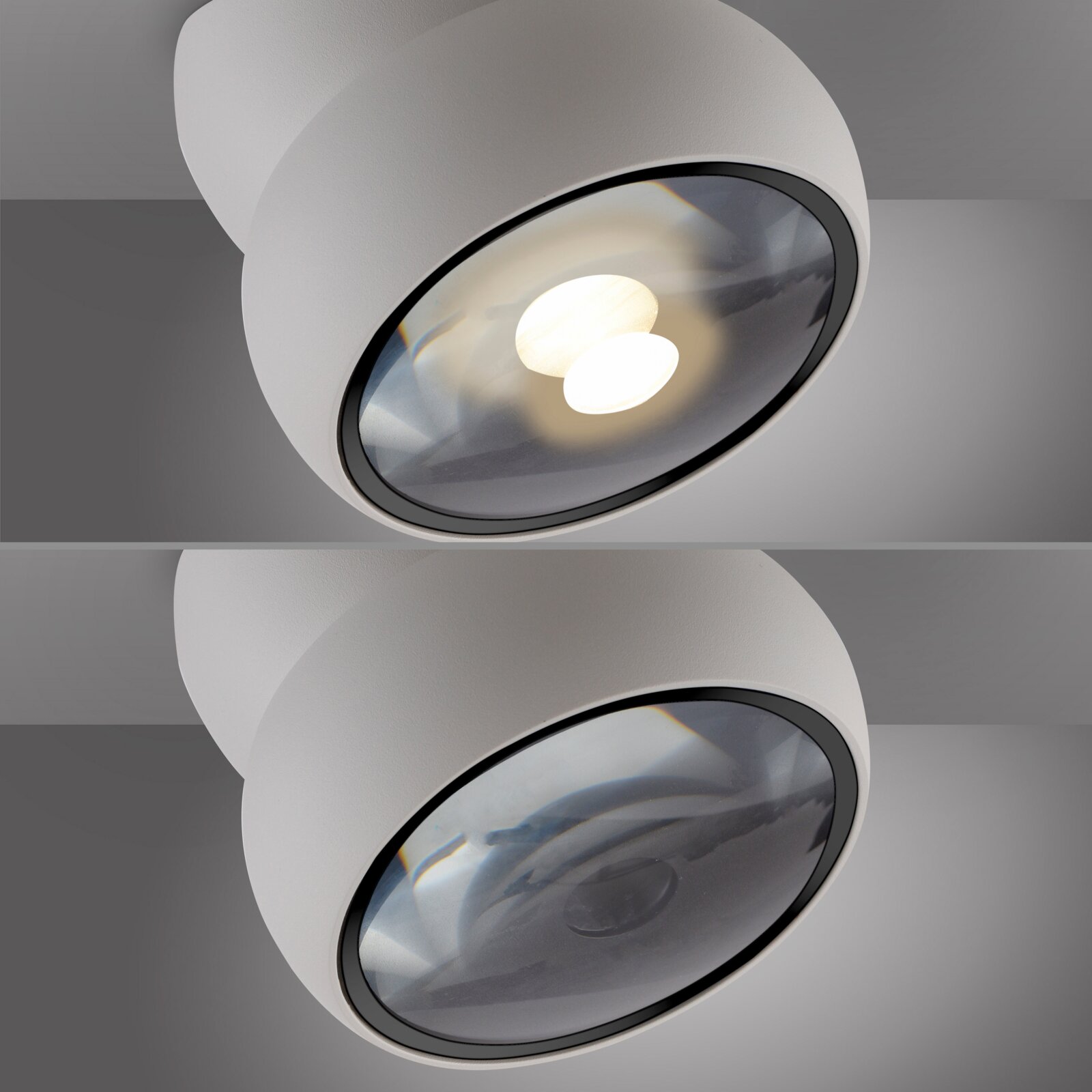 LED-plafondlamp in close-up, zijaanzicht, brandend en uitgeschakeld