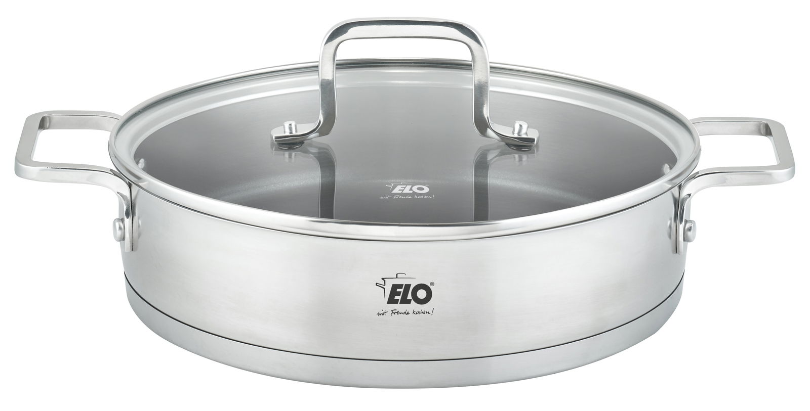 Servierpfanne Topas 28cm aus Edelstahl mit Glasdeckel, seitliche Perspektive