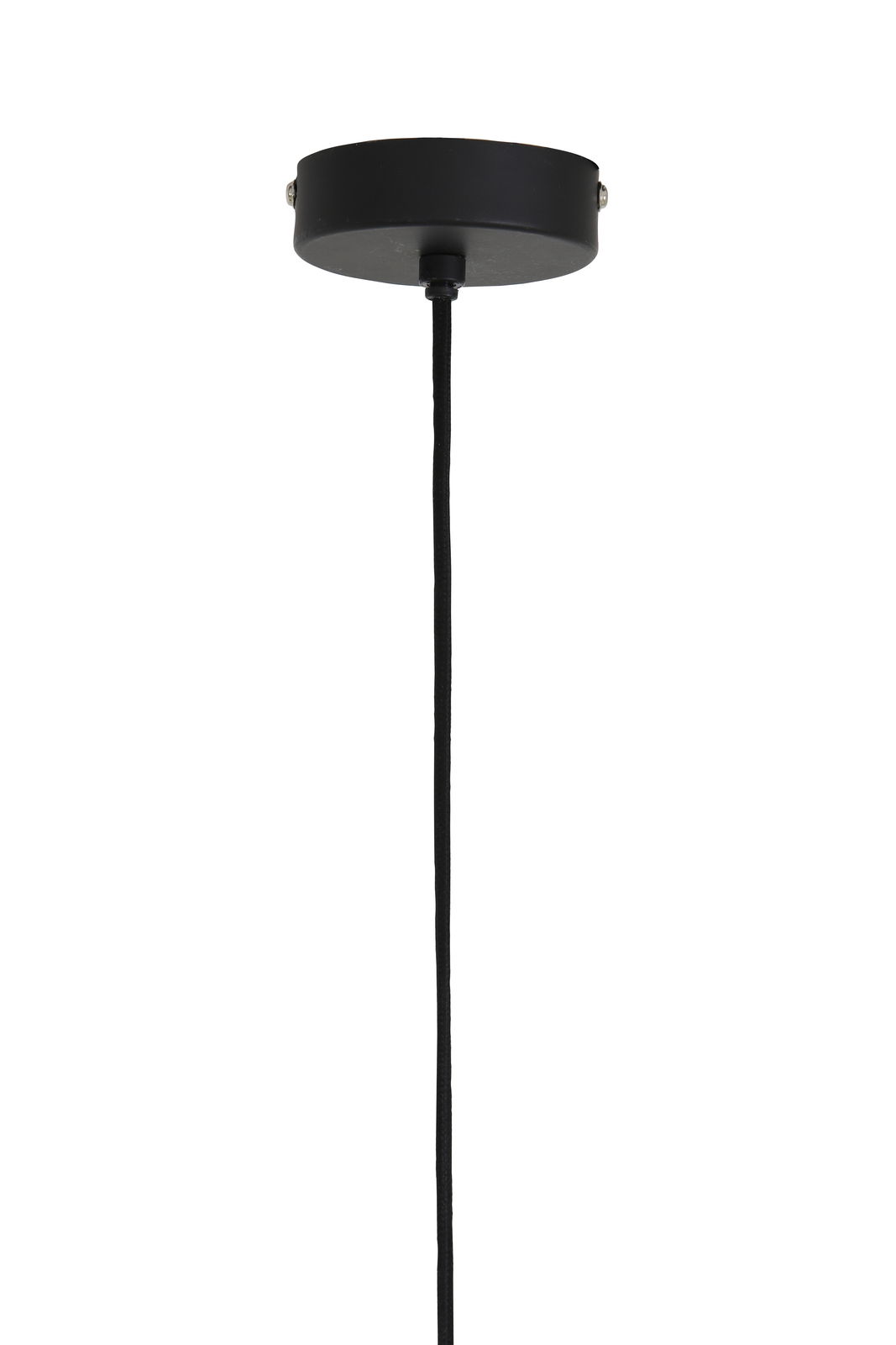 Schwarze Deckenhalterung einer Hängeleuchte mit Kabel, Ansicht von unten.