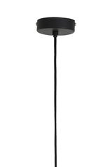 Schwarze Deckenhalterung einer Hängeleuchte mit Kabel, Ansicht von unten.