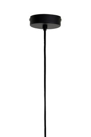 Schwarze Deckenhalterung einer Hängeleuchte mit Kabel, Ansicht von unten.