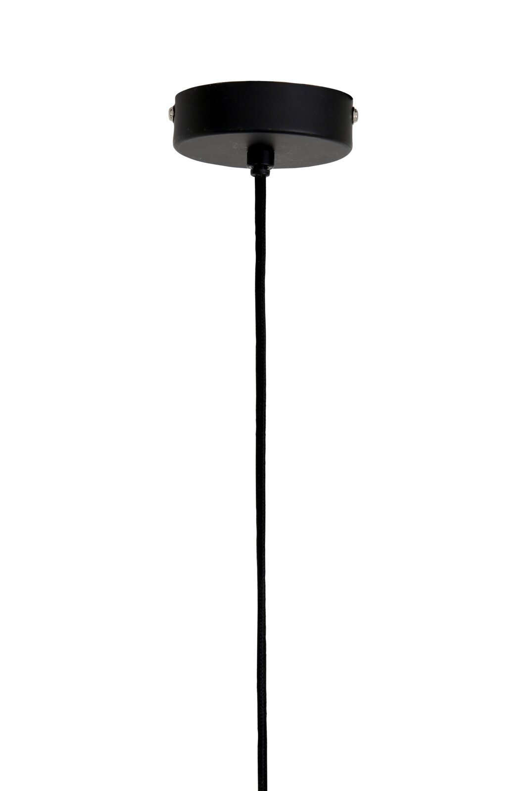 Zwarte plafondbevestiging van een hanglamp met kabel, gezien van onderaf.