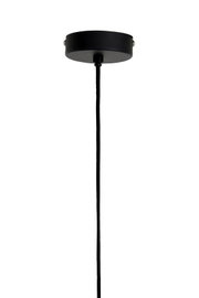 Zwarte plafondbevestiging van een hanglamp met kabel, gezien van onderaf.
