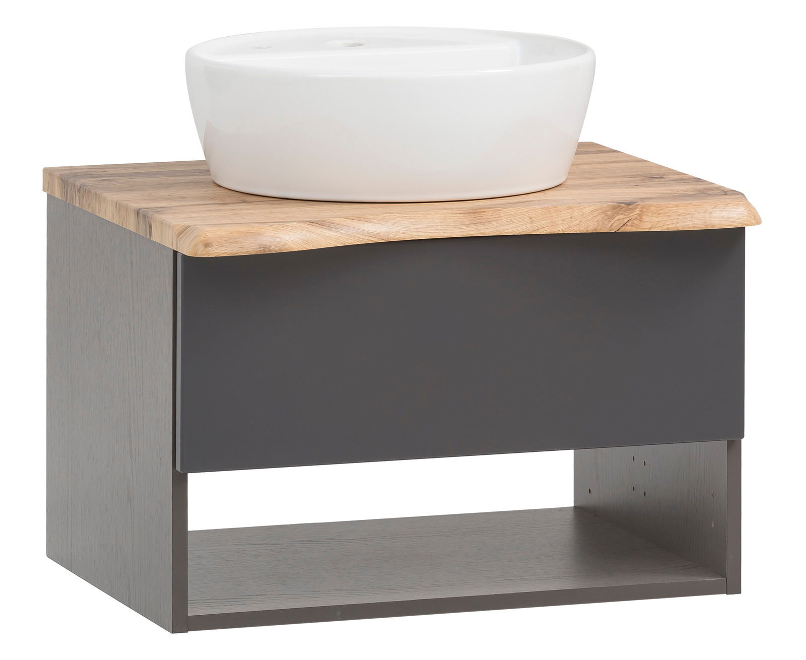 XORA Waschtisch-Set VILLACH Moderner Waschtisch mit weißem Aufsatzbecken und Holzplatte, seitliche Perspektive
