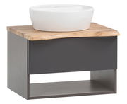 Moderner Waschtisch mit weißem Aufsatzbecken und Holzplatte, seitliche Perspektive