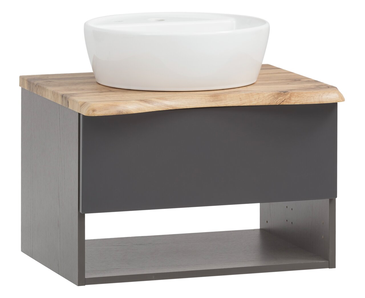 XORA Waschtisch-Set VILLACH Moderner Waschtisch mit weißem Aufsatzbecken und Holzplatte, seitliche Perspektive