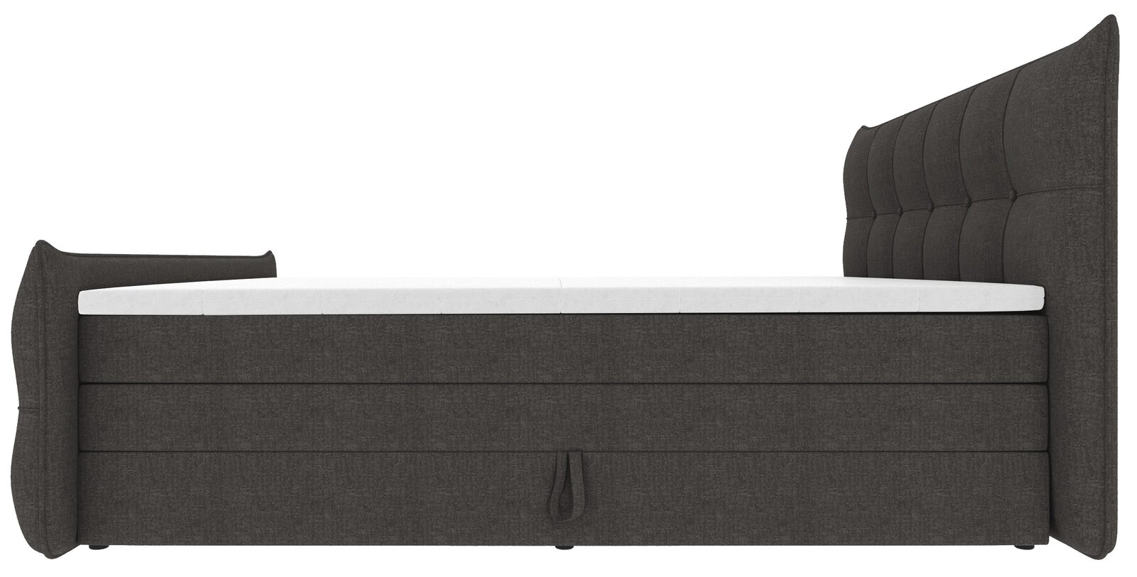 Dunkelgraues, gepolstertes Boxspringbett mit hoher, gesteppten Rückenlehne und weißer Matratzenauflage, seitliche Ansicht (Profil) vor weißem Hintergrund