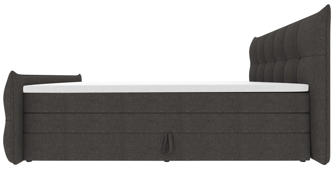 Donkergrijs, gestoffeerd boxspringbed met hoge, doorgestikte rugleuning en witte matrashoes, zijaanzicht (profiel) tegen een witte achtergrond