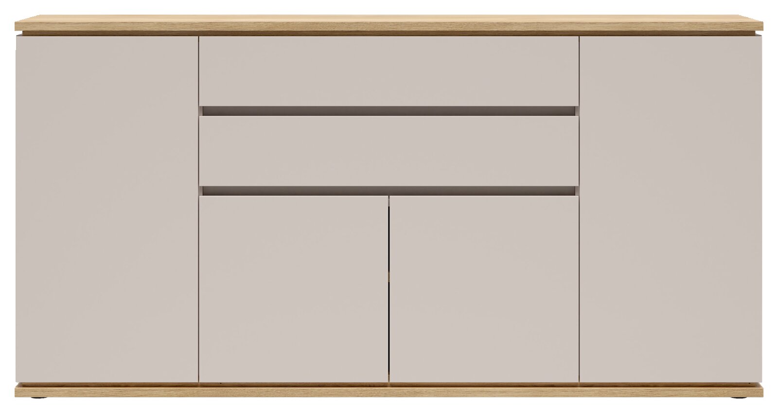 Vooraanzicht van een moderne dressoir/commode in lichtgrijs met eikenhouten boven- en onderblad, met twee laden en vier kastdeuren