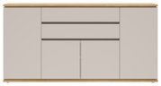 Vooraanzicht van een moderne dressoir/commode in lichtgrijs met eikenhouten boven- en onderblad, met twee laden en vier kastdeuren